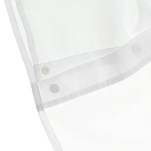 Close-up of a white fabric item with a curved hem, white snap buttons, and a sheer white trim on a white background. - okotoks hc pharmacy