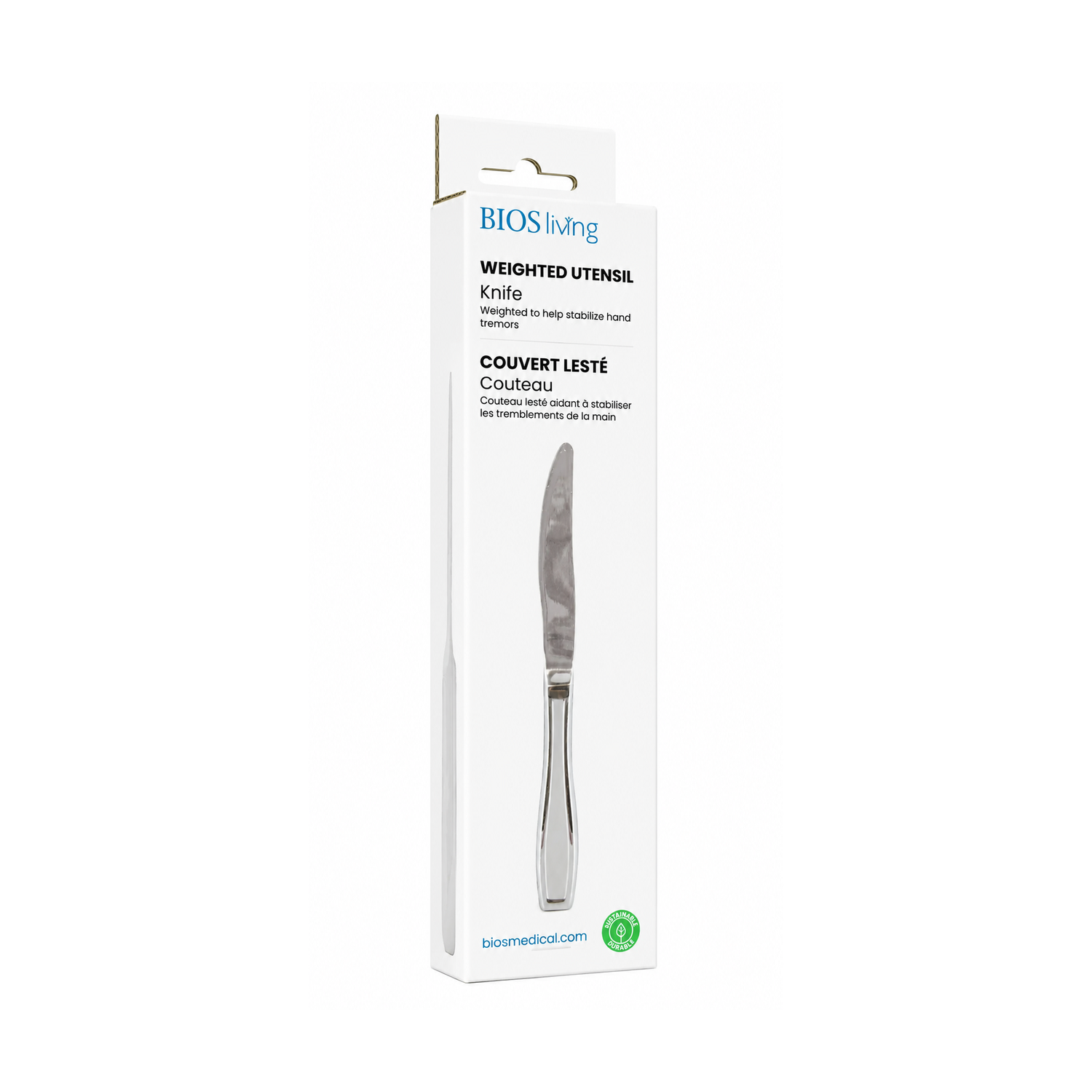 Packaged weighted utensil knife with BIOS living branding on a white background - okotoks hc pharmacy