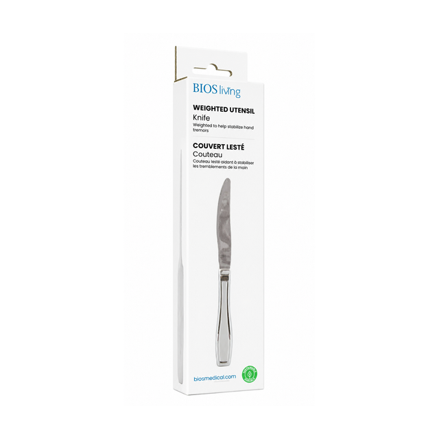 Packaged weighted utensil knife with BIOS living branding on a white background - okotoks hc pharmacy