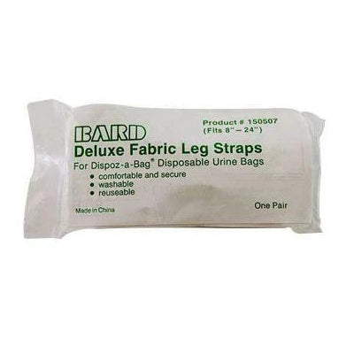 A packaged pair of Bard Deluxe Fabric Leg Straps, shown in its white plastic wrapper with green text on a plain white background. - okotoks hc pharmacy