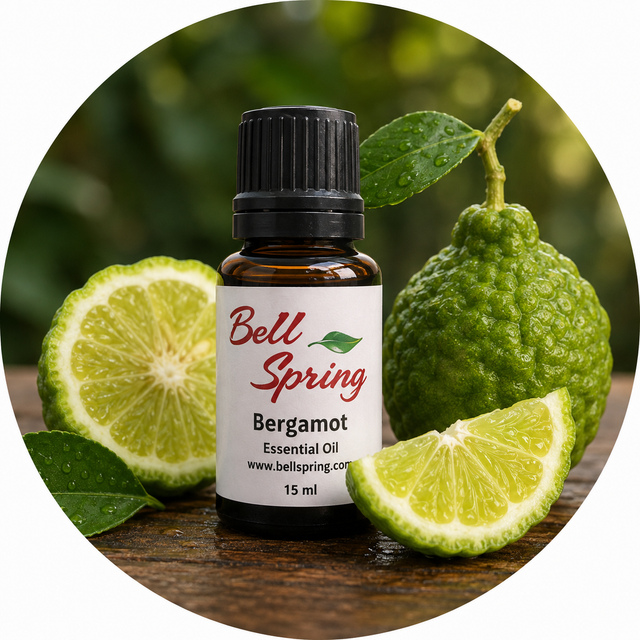 Bell Spring Bergamot essential oil bottle with a black cap, surrounded by fresh bergamot fruits and lime slices on a wooden surface with a blurred green background. - okotoks hc pharmacy