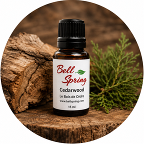 Bell Spring Cedarwood essential oil in a 15 ml amber glass bottle with a black cap and white label, styled on a rustic wood slice with a green cedar branch. - okotoks hc pharmacy
