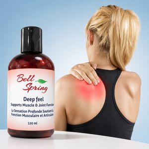 A bottle of Bell Spring Deep Feel joint support liquid next to a blonde woman shown from behind with her hand on her shoulder, with a red heat effect highlighting the shoulder. The background is a clean light blue gradient. - okotoks hc pharmacy