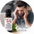 A 15 ml bottle of Bell Spring Ease Essential Oil Blend shown next to a man holding his head in pain, set within a circular frame with marketing text. - okotoks hc pharmacy