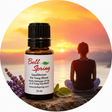 A 15 ml bottle of Bell Spring Equilibrium Yin Yang Blend essential oil placed in front of a circular background graphic showing a woman meditating at sunset with lavender sprigs and mint leaves. - okotoks hc pharmacy