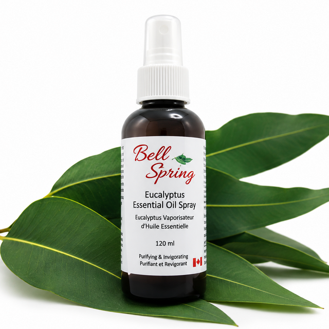 Bell Spring Eucalyptus Essential Oil Spray in a 120 ml amber glass bottle with a white spray cap, displayed on green eucalyptus leaves against a white background. - okotoks hc pharmacy