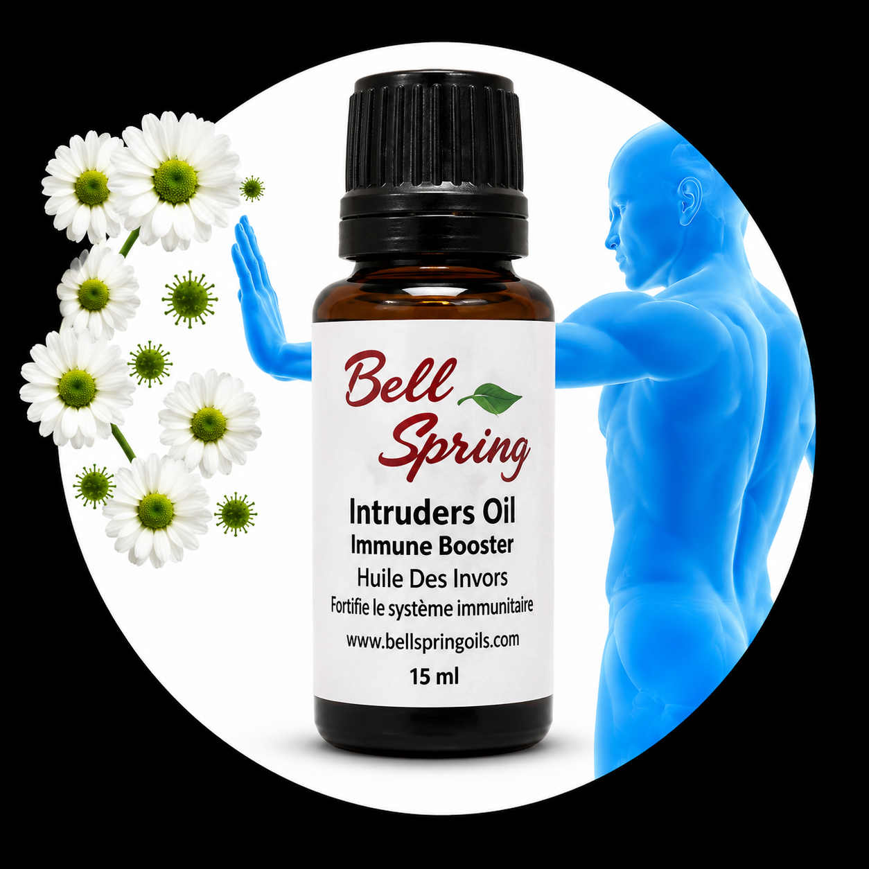 A 15 ml amber glass bottle of Bell Spring Intruders Oil Immune Booster with a black cap, shown inside a circular graphic with white daisies, green virus illustrations, and a blue human silhouette. - okotoks hc pharmacy