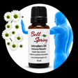 A 15 ml amber glass bottle of Bell Spring Intruders Oil Immune Booster with a black cap, shown inside a circular graphic with white daisies, green virus illustrations, and a blue human silhouette. - okotoks hc pharmacy