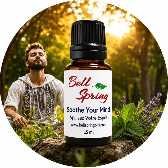 A 15 ml bottle of Bell Spring 'Soothe Your Mind' essential oil placed in the foreground on a tree stump, with a circular background depicting a man meditating in a forest at sunset and green herbs. - okotoks hc pharmacy