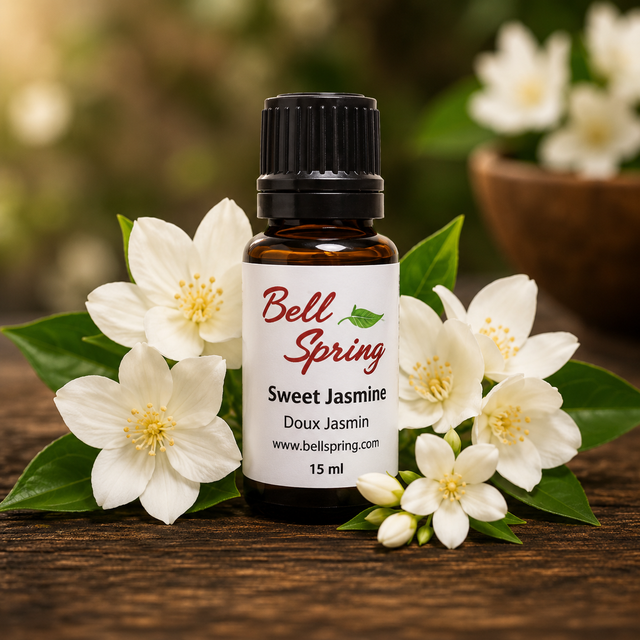 A small amber glass bottle of Bell Spring Sweet Jasmine Doux Jasmin essential oil with a black cap and white label, styled on a wooden surface with white jasmine flowers and green leaves. - okotoks hc pharmacy