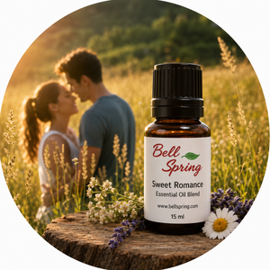 A 15 ml amber glass bottle of Bell Spring Sweet Romance Essential Oil Blend, styled on a rustic wooden log with daisies and lavender. The background is a circular, warm, sunlit outdoor scene of a couple in a field, creating a romantic, spring-themed composition. - okotoks hc pharmacy