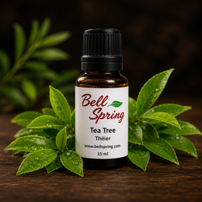 A 15 ml bottle of Bell Spring Tea Tree essential oil, styled with fresh green tea tree leaves on a dark wooden surface against a dark background. - okotoks hc pharmacy
