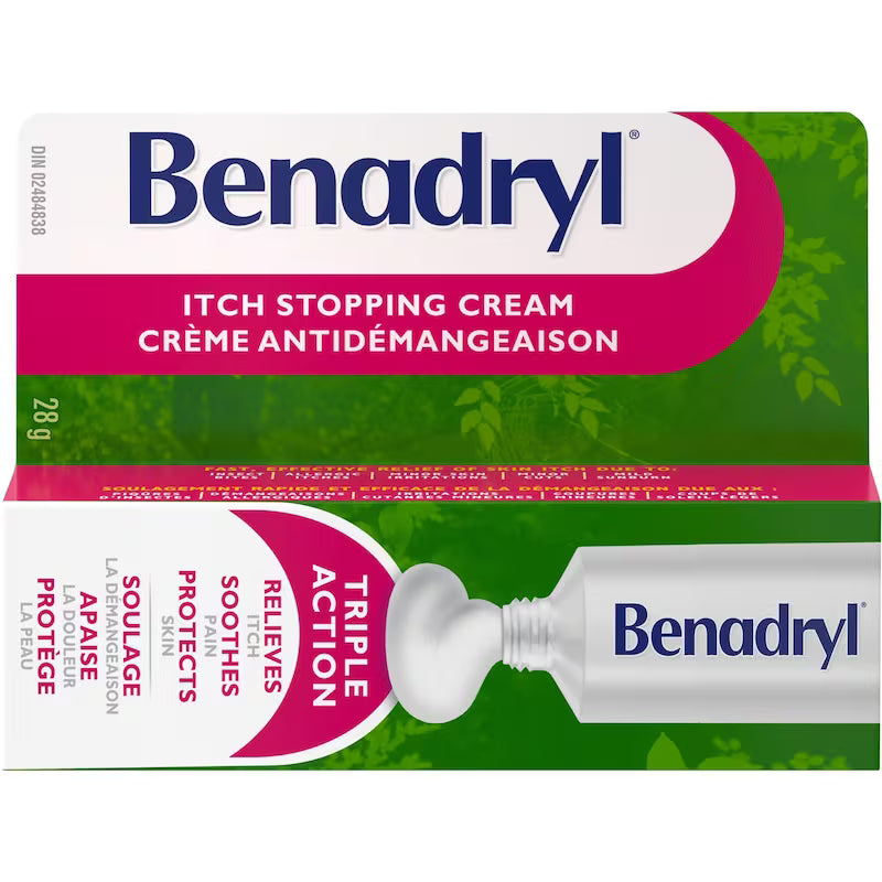 Benadryl itch stopping cream packaging with green and pink design - okotoks hc pharmacy