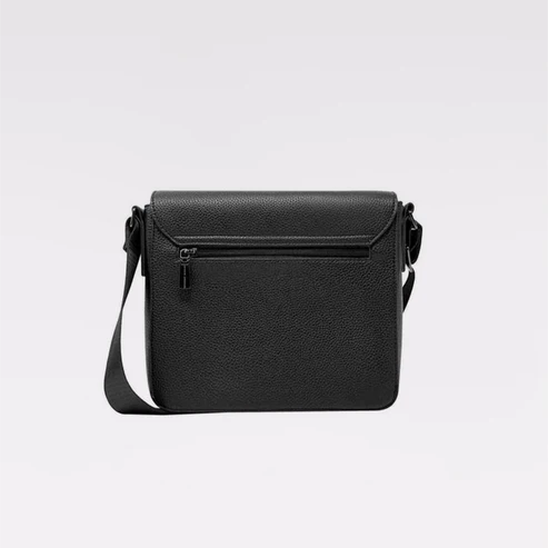 A black pebbled leather crossbody bag with a front zippered pocket and a matching shoulder strap, shown against a plain light gray background. - okotoks hc pharmacy