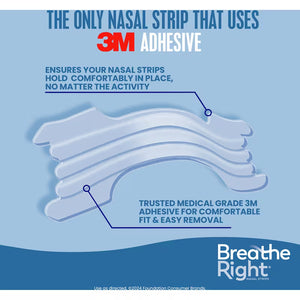 Breathe Right nasal strip advertisement with 3M adhesive on a blue background - okotoks hc pharmacy