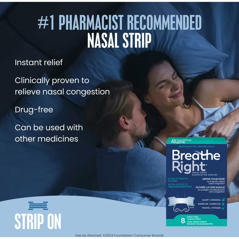 Advertisement for Breathe Right nasal strips with a couple lying in bed. - okotoks hc pharmacy