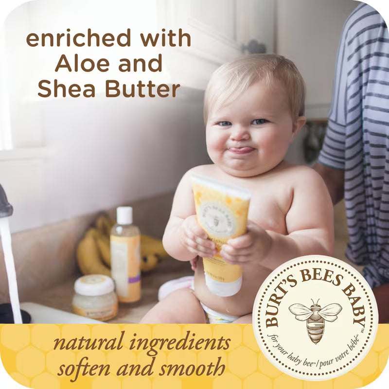 Baby holding a Burt's Bees Baby product with text about aloe and shea butter. - okotoks hc pharmacy