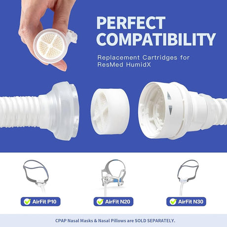 Replacement cartridges for ResMed HumidX with compatibility text and product images on a blue background. - okotoks hc pharmacy