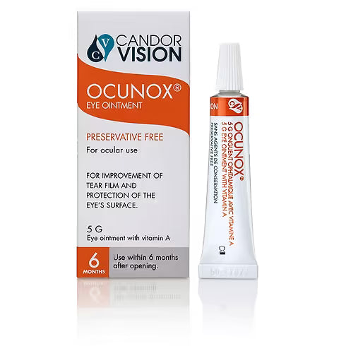 Ocunox eye ointment packaging with tube on a white background - okotoks hc pharmacy