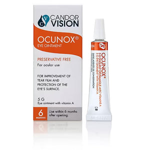 Ocunox eye ointment packaging with tube on a white background - okotoks hc pharmacy