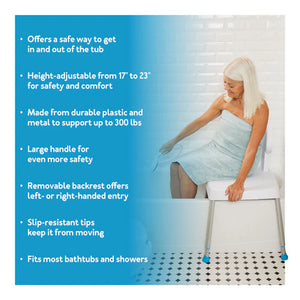 Woman using a bathtub safety seat with product features listed on the left. - okotoks hc pharmacy