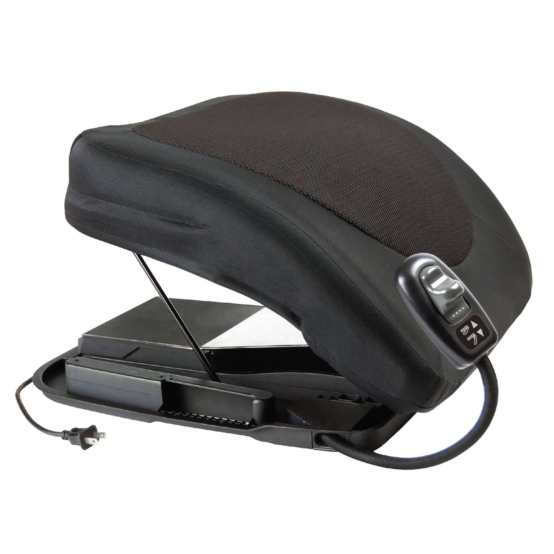 An electric lift seat in black with a textured brown mesh pad on top, shown open to reveal the internal battery pack and power cord, on a white background. - okotoks hc pharmacy