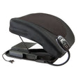 An electric lift seat in black with a textured brown mesh pad on top, shown open to reveal the internal battery pack and power cord, on a white background. - okotoks hc pharmacy