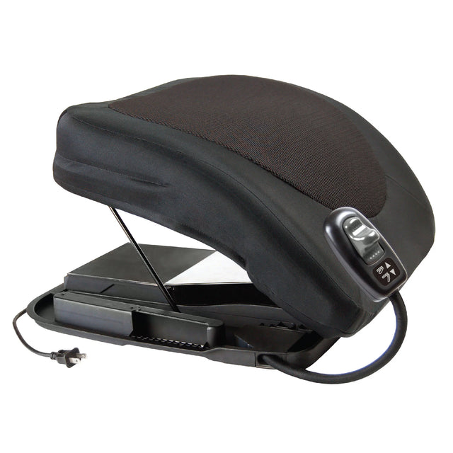 An electric lift seat in black with a textured brown mesh pad on top, shown open to reveal the internal battery pack and power cord, on a white background. - okotoks hc pharmacy