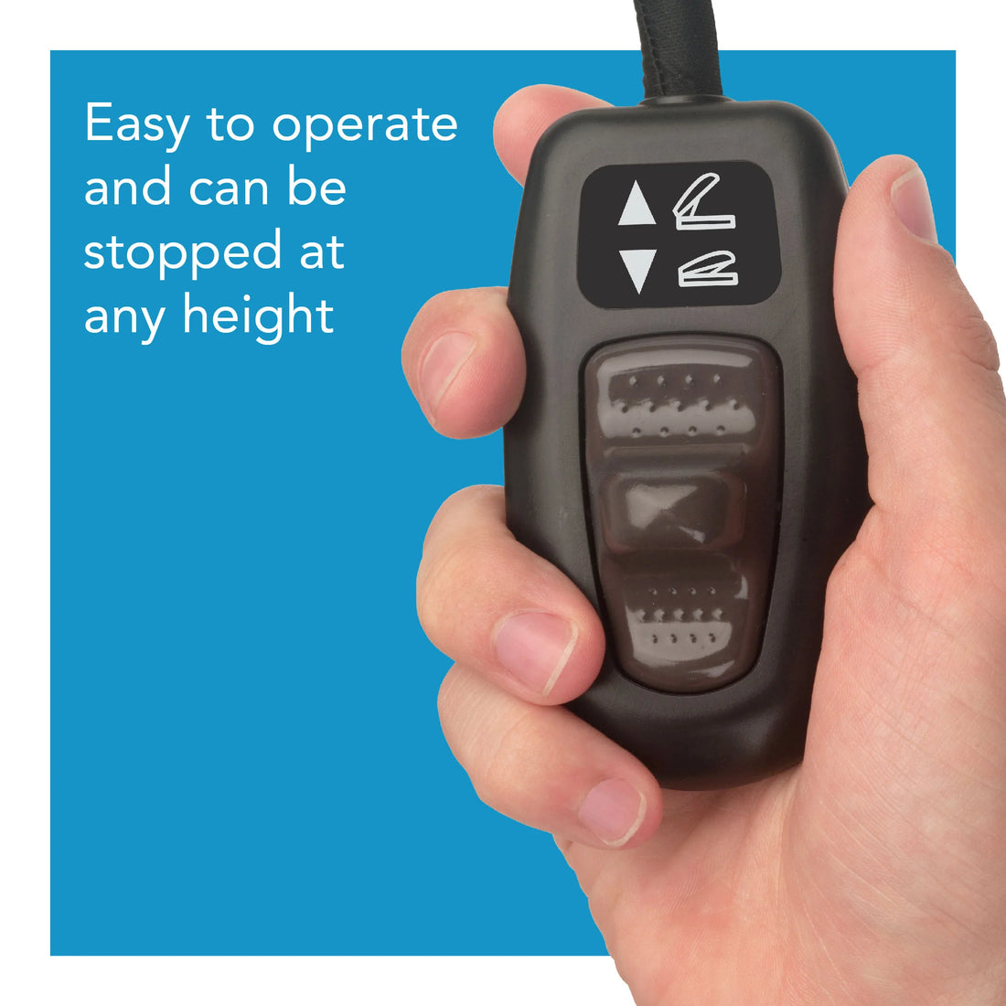 Hand holding a remote control with text 'Easy to operate and can be stopped at any height' on a blue background - okotoks hc pharmacy