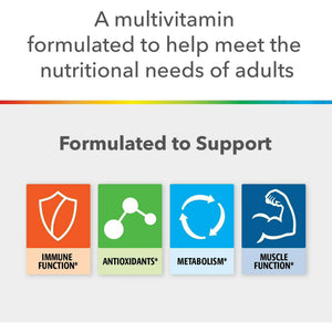Multivitamin formulation for adults with icons and text on a white background - okotoks hc pharmacy