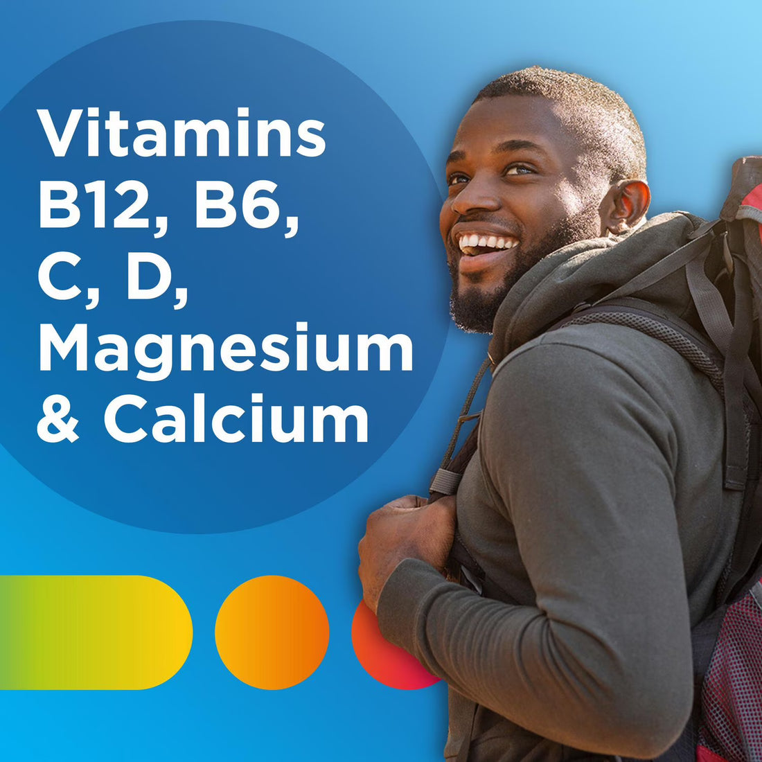 Man with a backpack smiling, with vitamins listed on a blue background - okotoks hc pharmacy