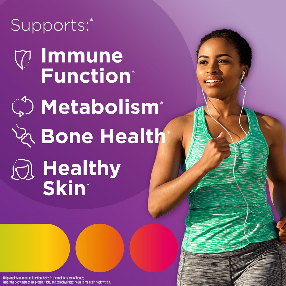 Woman exercising with health benefits listed on a purple background - okotoks hc pharmacy