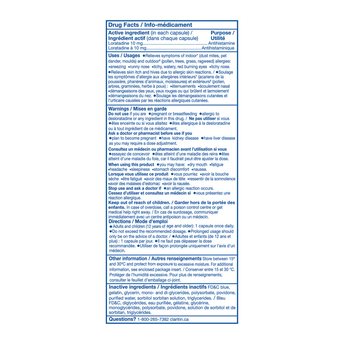 Drug facts/info-medicinal label for a medication with text and blue border - okotoks hc pharmacy