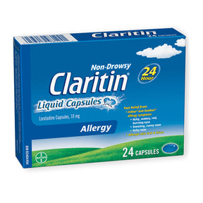 Box of Claritin Non-Drowsy Liquid Capsules on a white background - okotoks hc pharmacy