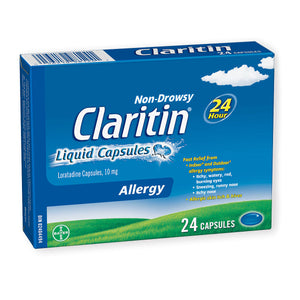 Box of Claritin Non-Drowsy Liquid Capsules on a white background - okotoks hc pharmacy