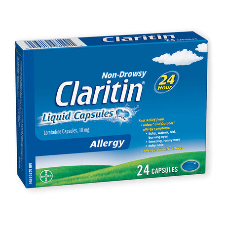 Box of Claritin Non-Drowsy Liquid Capsules on a white background - okotoks hc pharmacy