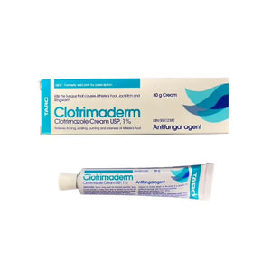 Clotrimazol cream packaging with blue and white design on a white background - okotoks hc pharmacy