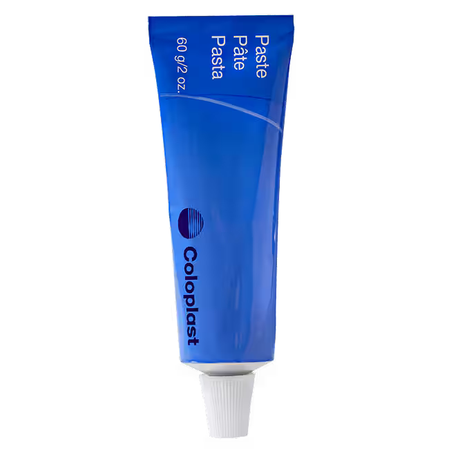 Blue tube of Coloplast paste on a white background - okotoks hc pharmacy