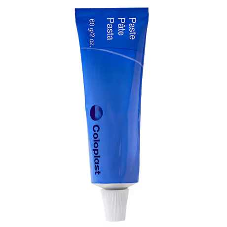 Blue tube of Coloplast paste on a white background - okotoks hc pharmacy