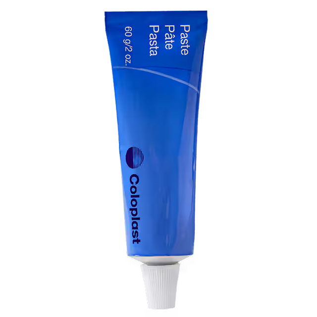 Blue tube of Coloplast paste on a white background - okotoks hc pharmacy