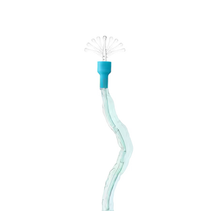 A clear silicone wavy tube with a bright turquoise blue connector and a small cluster of clear silicone buds at the top, isolated on a white background. - okotoks hc pharmacy