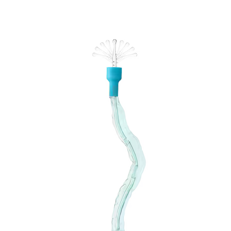 A clear silicone wavy tube with a bright turquoise blue connector and a small cluster of clear silicone buds at the top, isolated on a white background. - okotoks hc pharmacy