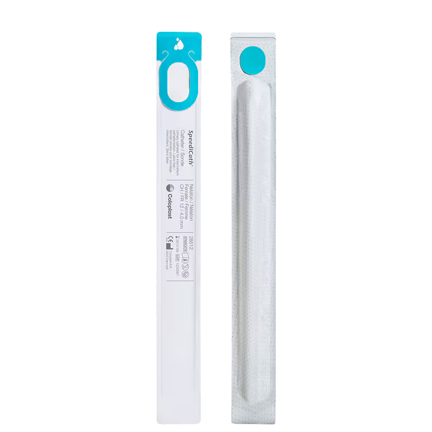 Two slim white rectangular accessories in clear plastic sleeves, shown side by side on a plain white background. One sleeve has a bright turquoise loop and printed text including the brand name SpeedGrip and the word Catheters. - okotoks hc pharmacy