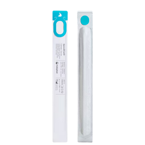 Two slim white rectangular accessories in clear plastic sleeves, shown side by side on a plain white background. One sleeve has a bright turquoise loop and printed text including the brand name SpeedGrip and the word Catheters. - okotoks hc pharmacy