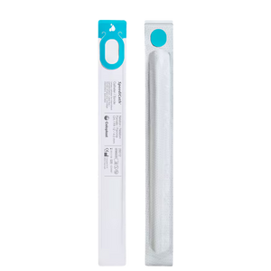 Two slim white rectangular accessories in clear plastic sleeves, shown side by side on a plain white background. One sleeve has a bright turquoise loop and printed text including the brand name SpeedGrip and the word Catheters. - okotoks hc pharmacy