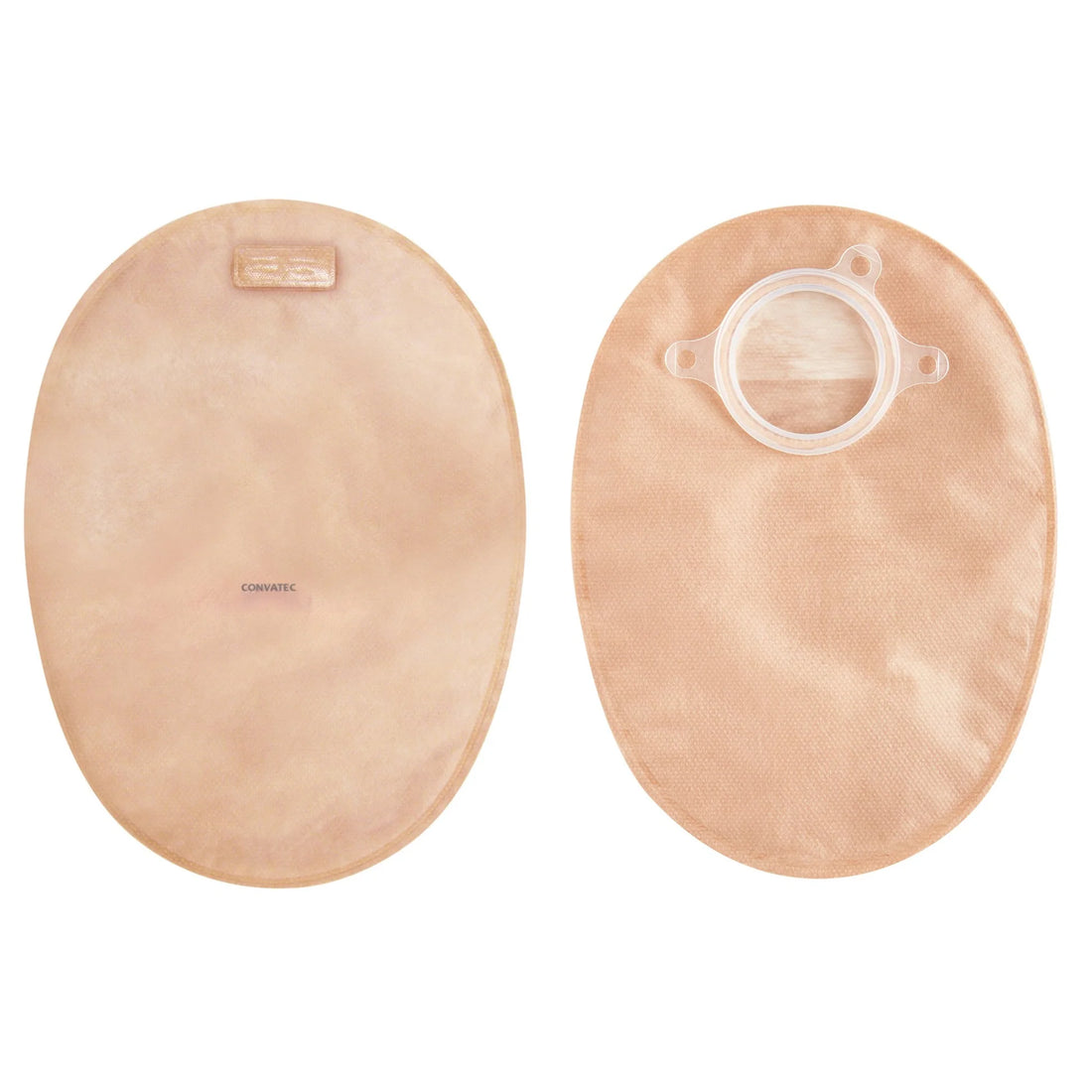 Two beige ostomy bags on a white background - okotoks hc pharmacy