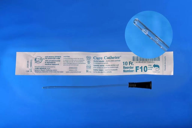 A packaged 10fr curved catheter with the catheter removed and laid horizontally below the package, plus a circular inset showing the catheter tip. The product is photographed on a blue background. - okotoks hc pharmacy