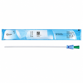 A packaged catheter set shown on a plain white background, with the blue-and-white sterile pouch above and the clear catheter tube with blue and green connector below. - okotoks hc pharmacy