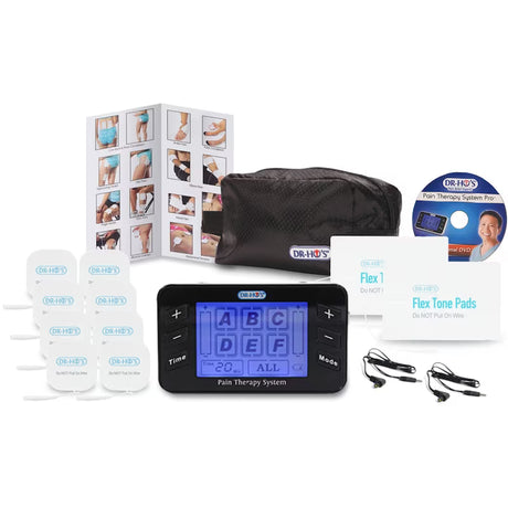 DR. MD's Flex 1 Pain Therapy System kit on a white background, including a black control unit with blue screen, white electrode pads, black cables, a black carrying bag, a printed instruction booklet, and a DVD-R. - okotoks hc pharmacy