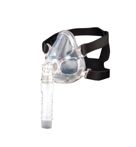 CPAP mask with clear facepiece and black headgear on a white background - okotoks hc pharmacy